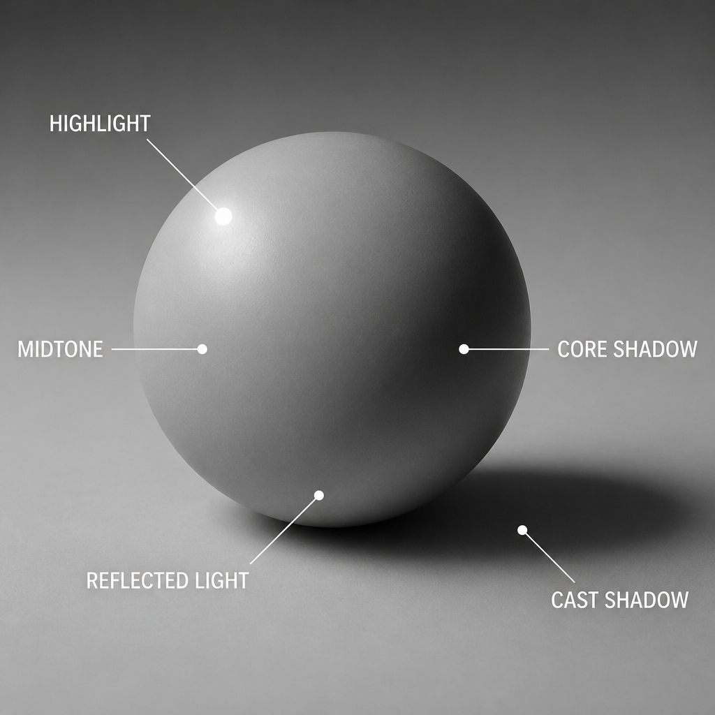 Shaded sphere showing form through value